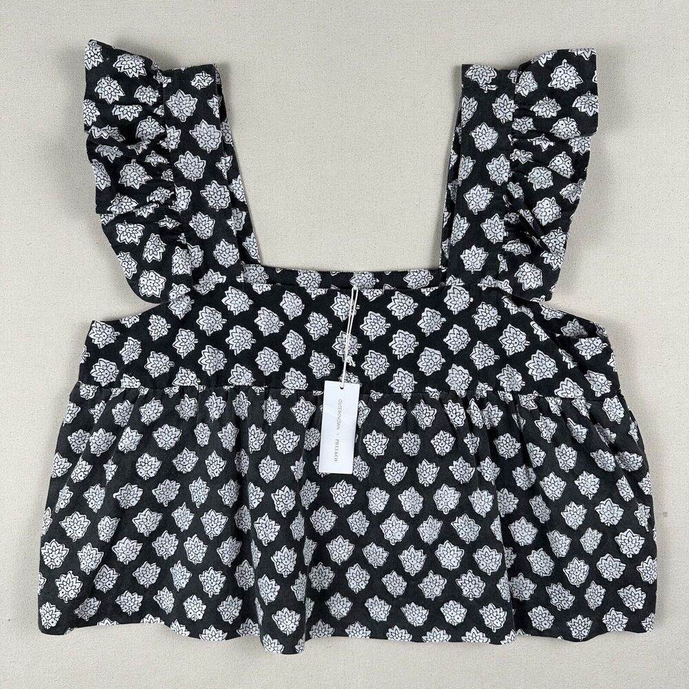 Outerknown Piece Co. Astrid Top Womens Large Black White Floral Tank Top Ruffle